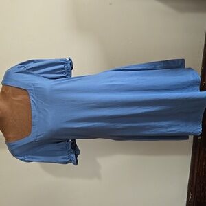 DR7 NIVYEE Steel Blue Square Neck Puff Sleeve Midi Dress Sz Md Stretch Casual